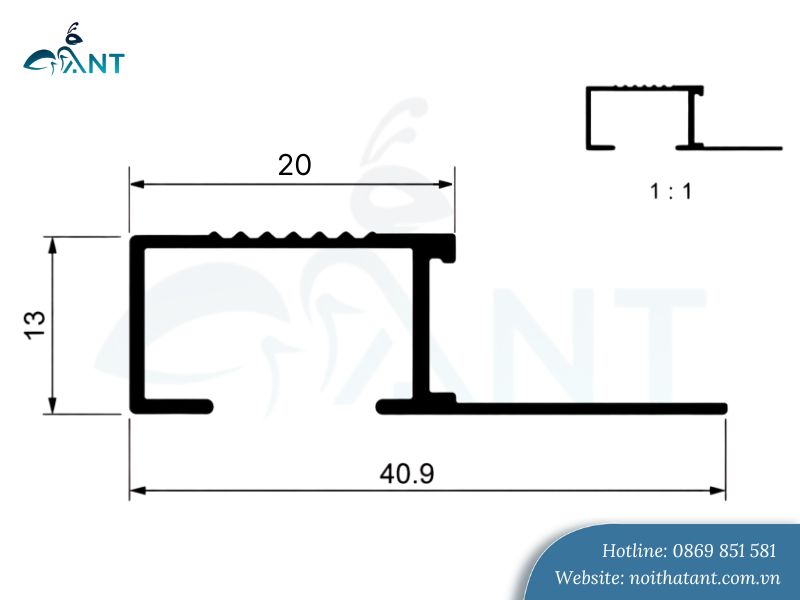 Ảnh mặt cắt nẹp nhôm chống trơn P20