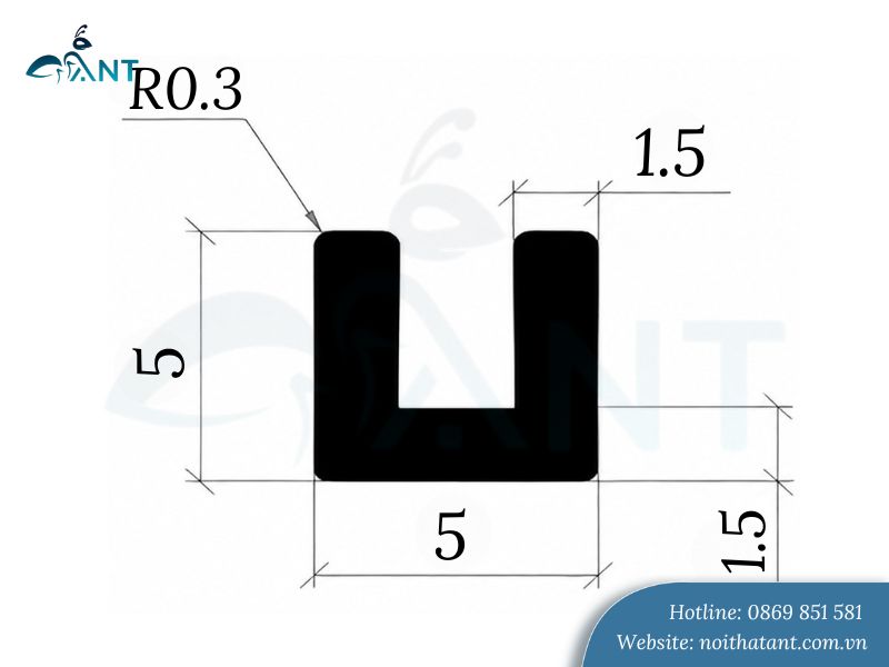 Ảnh mặt cắt nẹp nhôm chữ U 5x5mm