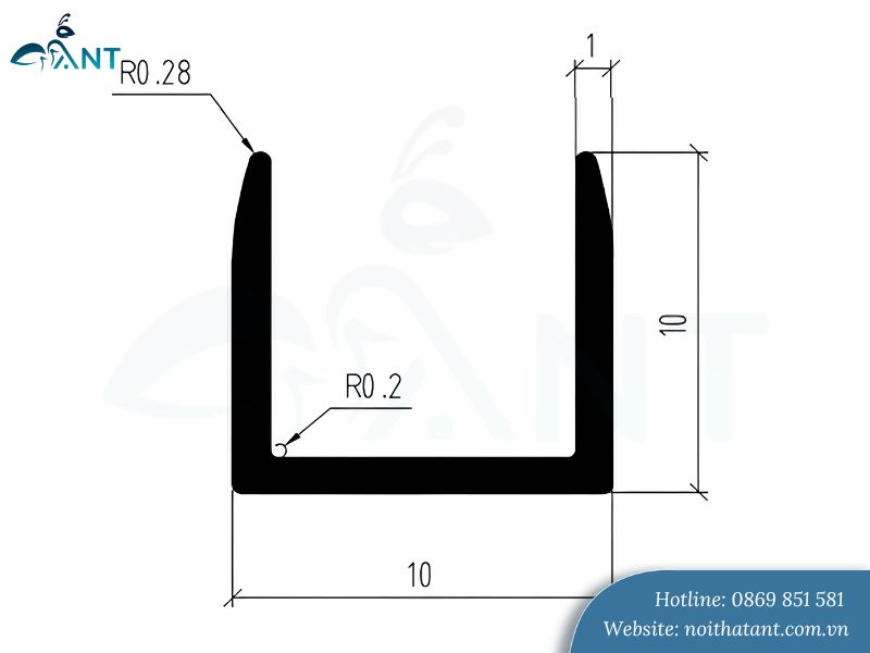 Ảnh mặt cắt nẹp nhôm U10 mm