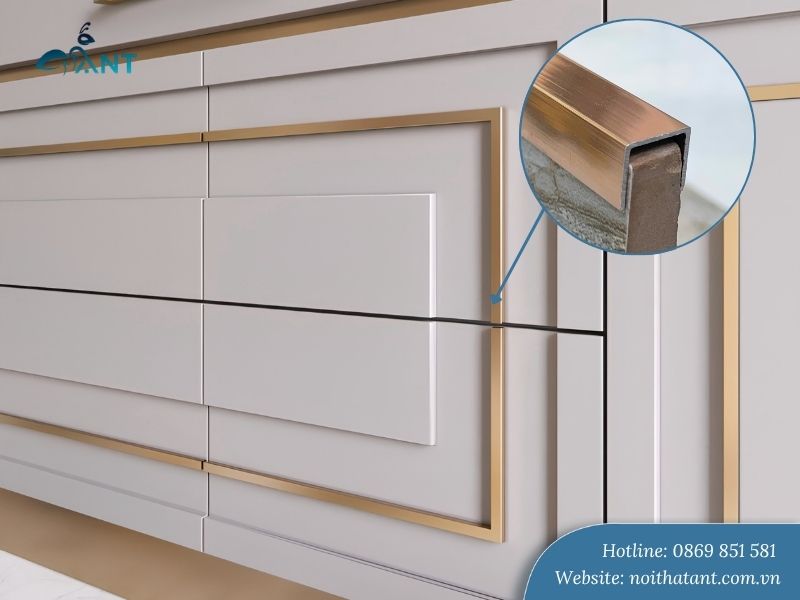 Chạy chỉ trang trí tủ bằng nẹp nhôm chữ U màu vàng hồng